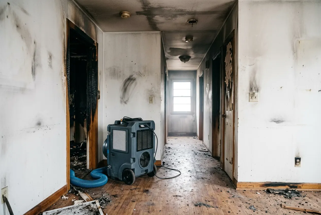 Home hallway with smoke and soot staining on the walls and ceiling after a fire